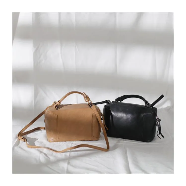 Fashion Women's Small Leather Black Satchel Handbags Brown Cube Square Shoulder Bag Crossbody Bag