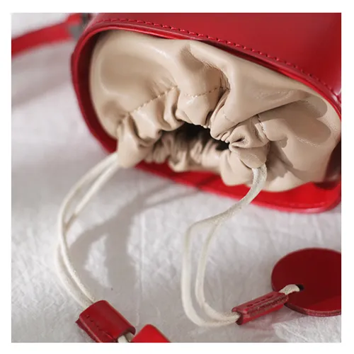 Fashion Womens Small Red Leather Bucket Shoulder Bag Black Barrel Handbag Crossbody Bag Purse for Ladies