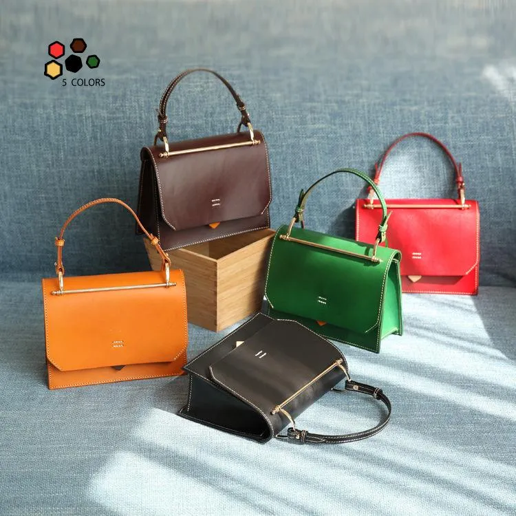 Fashion Womens Tan Leather Flap Over Handbag Purse Handmade Square Crossbody Bag Shoulder Bag Purse
