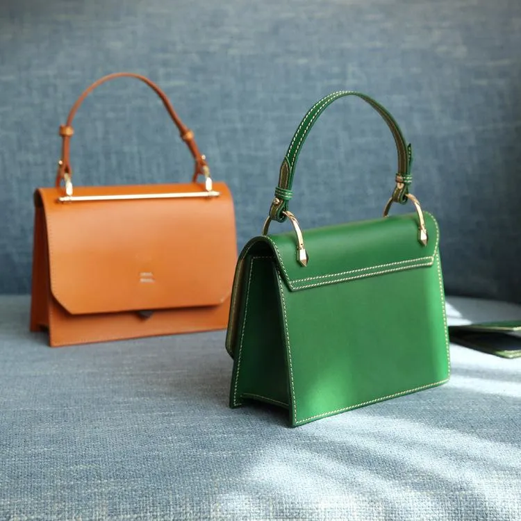 Fashion Womens Tan Leather Flap Over Handbag Purse Handmade Square Crossbody Bag Shoulder Bag Purse