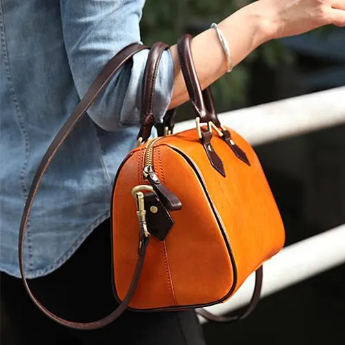 Fashion Womens Tan Leather Small Boston Handbag Best Tan Leather Boston Purse Side Bag