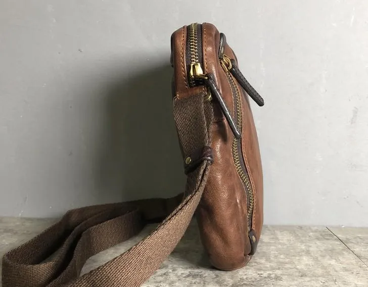 Genuine Brown Leather Mens Cool Small Vertical Side Bag Black Messenger Bag Shoulder Bag for men