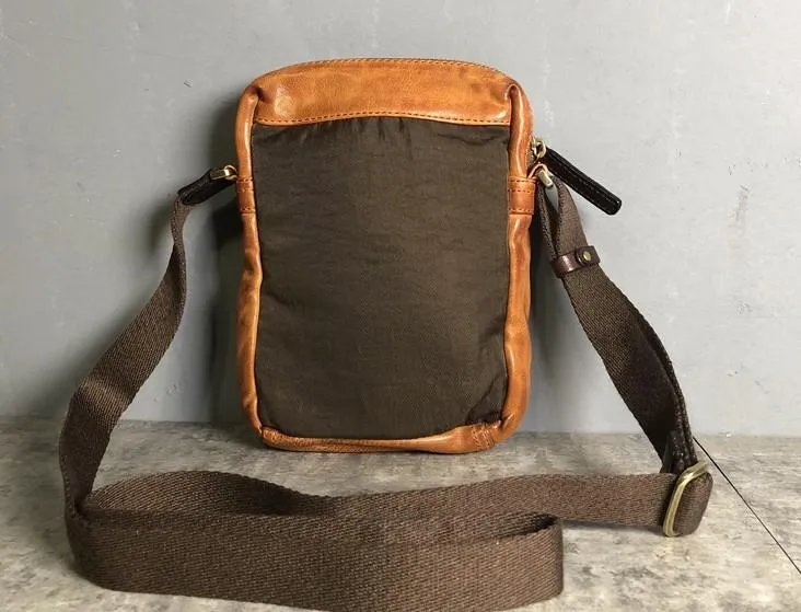 Genuine Brown Leather Mens Cool Small Vertical Side Bag Black Messenger Bag Shoulder Bag for men