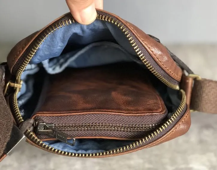Genuine Brown Leather Mens Cool Small Vertical Side Bag Black Messenger Bag Shoulder Bag for men