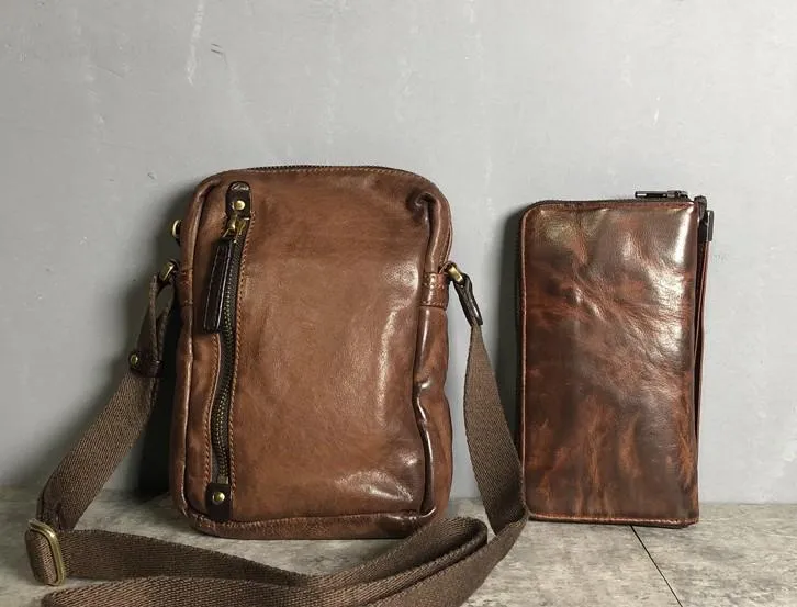 Genuine Brown Leather Mens Cool Small Vertical Side Bag Black Messenger Bag Shoulder Bag for men