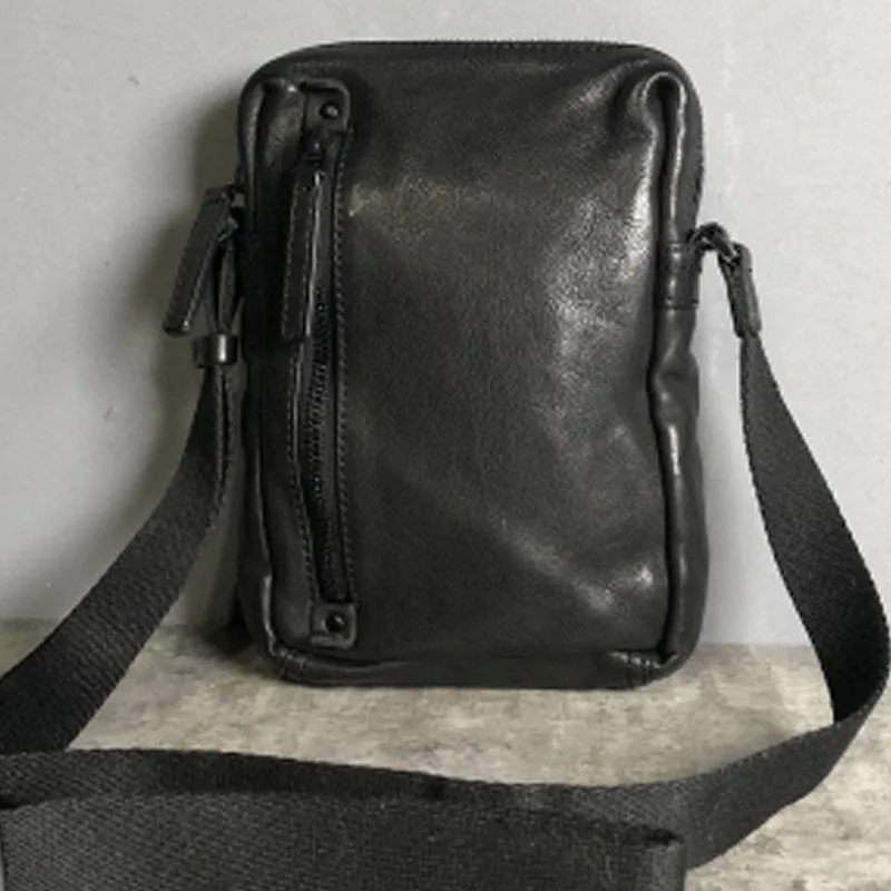 Genuine Brown Leather Mens Cool Small Vertical Side Bag Black Messenger Bag Shoulder Bag for men