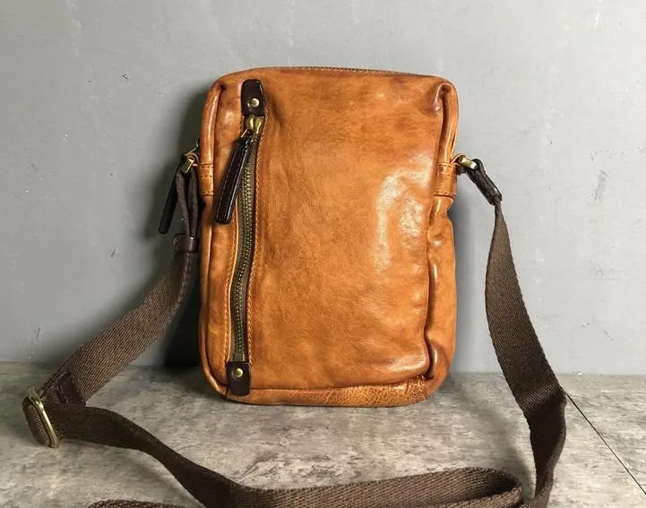 Genuine Brown Leather Mens Cool Small Vertical Side Bag Black Messenger Bag Shoulder Bag for men