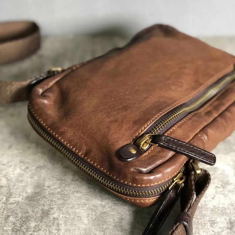 Genuine Brown Leather Mens Cool Small Vertical Side Bag Black Messenger Bag Shoulder Bag for men