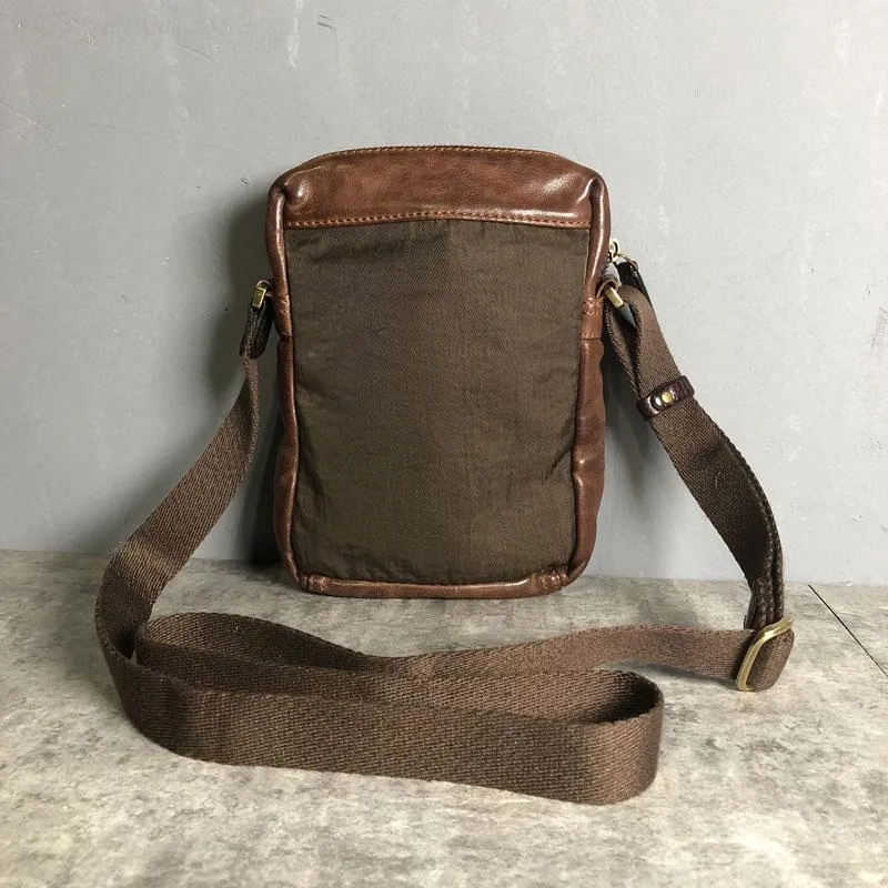 Genuine Brown Leather Mens Cool Small Vertical Side Bag Black Messenger Bag Shoulder Bag for men