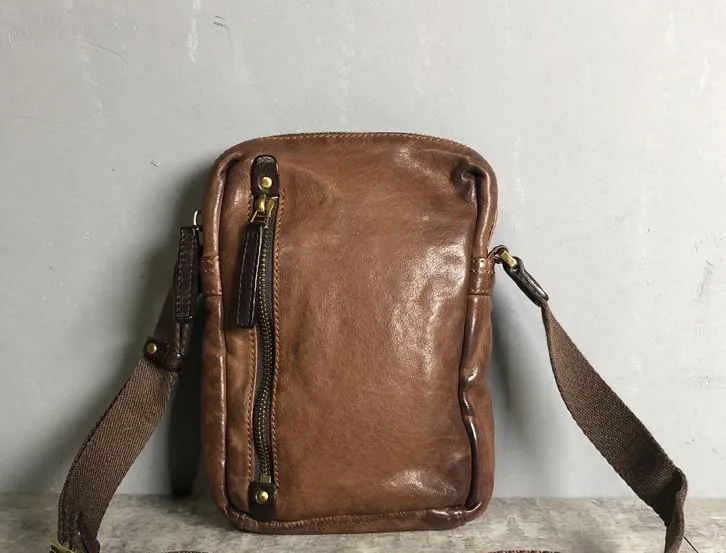 Genuine Brown Leather Mens Cool Small Vertical Side Bag Black Messenger Bag Shoulder Bag for men