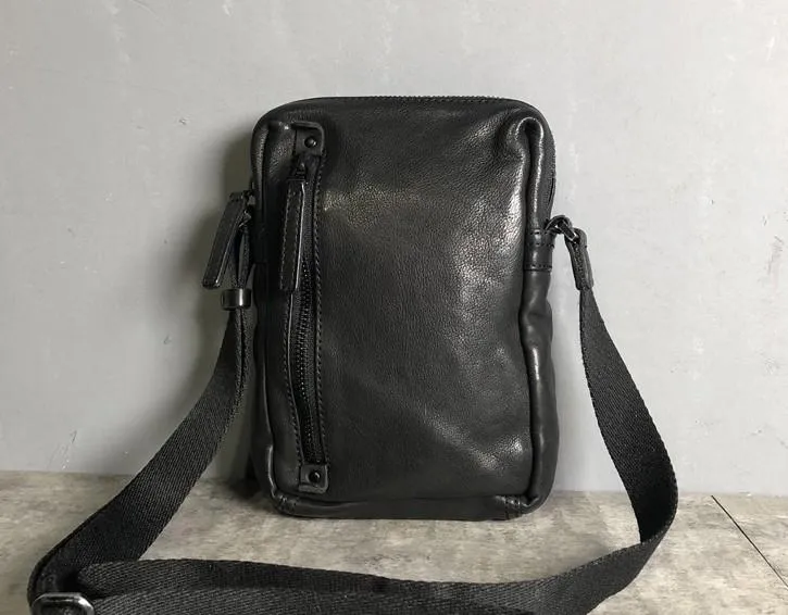 Genuine Brown Leather Mens Cool Small Vertical Side Bag Black Messenger Bag Shoulder Bag for men