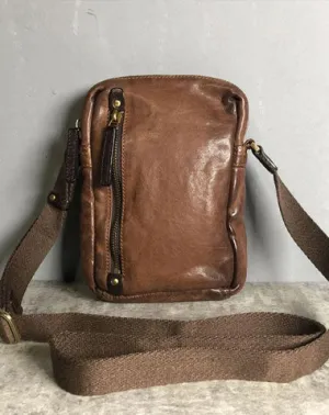 Genuine Brown Leather Mens Cool Small Vertical Side Bag Black Messenger Bag Shoulder Bag for men