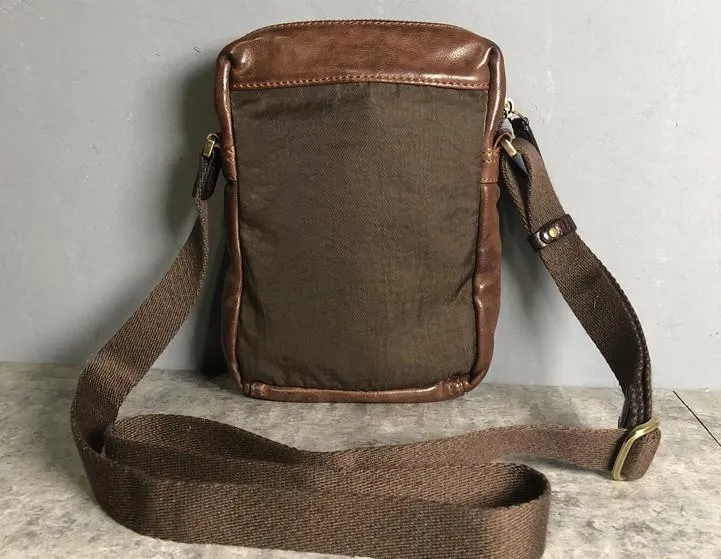 Genuine Brown Leather Mens Cool Small Vertical Side Bag Black Messenger Bag Shoulder Bag for men