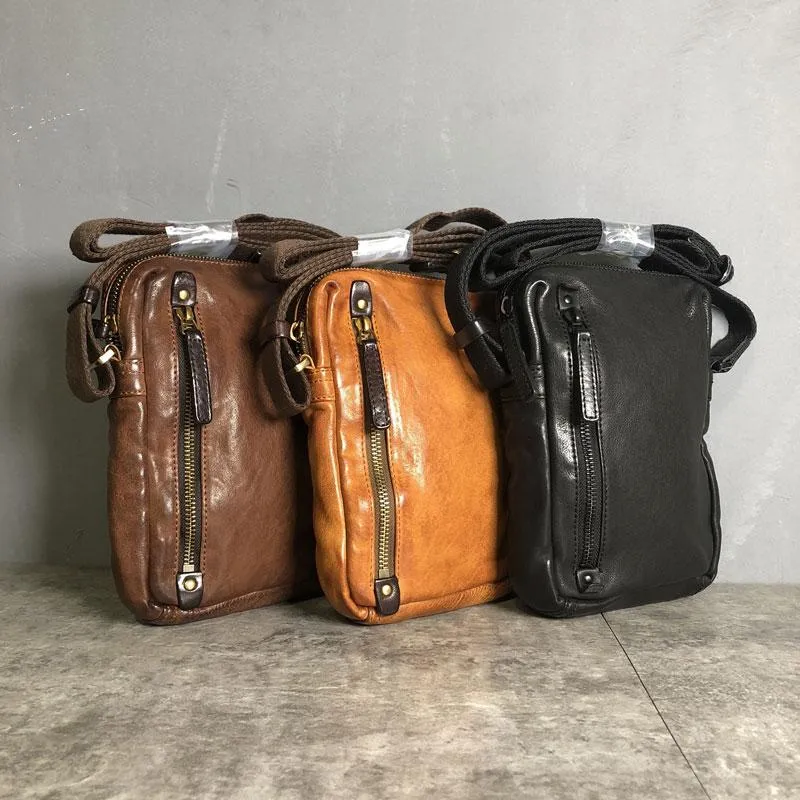 Genuine Brown Leather Mens Cool Small Vertical Side Bag Black Messenger Bag Shoulder Bag for men