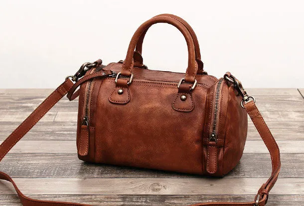 Genuine Handmade Boston Bag Vintage Leather Handbag Shoulder Bag Women Leather Purse