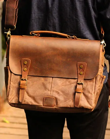 Genuine Leather Mens Cool Canvas Messenger Bag iPad Bag Chest Bag Bike Bag Cycling Bag For Men