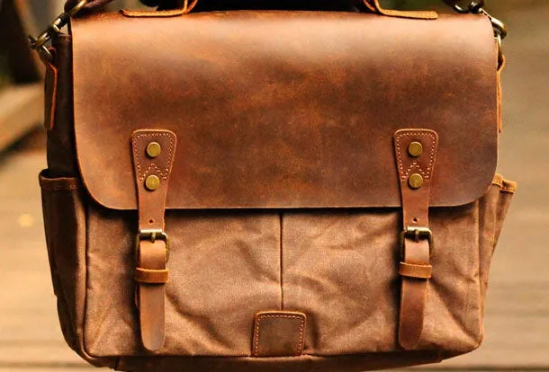 Genuine Leather Mens Cool Canvas Messenger Bag iPad Bag Chest Bag Bike Bag Cycling Bag For Men