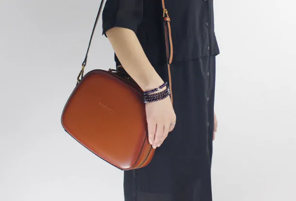 Genuine Leather Round Bag Handbag Purse Shoulder Bag for Women Leather Crossbody Bag