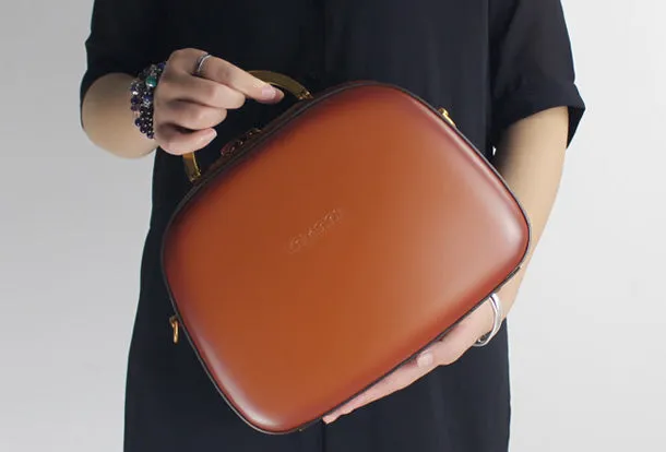 Genuine Leather Round Bag Handbag Purse Shoulder Bag for Women Leather Crossbody Bag