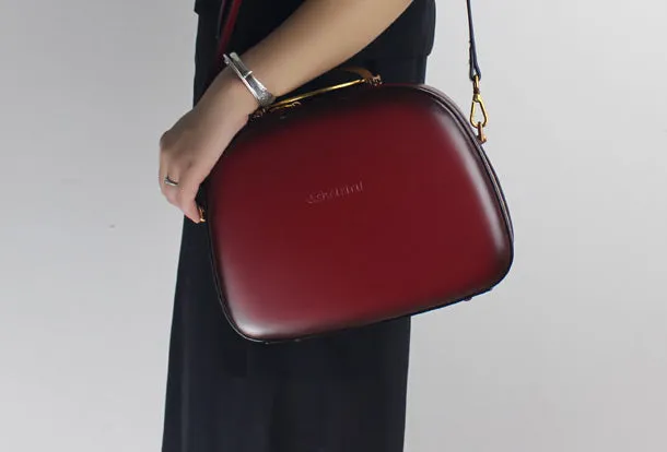 Genuine Leather Round Bag Handbag Purse Shoulder Bag for Women Leather Crossbody Bag