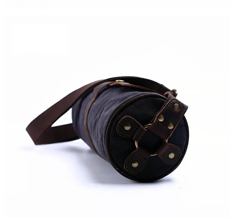 Gray Canvas Leather Mens Green Barrel Postman Bag Bucket Messenger Bag Side Bag For Men