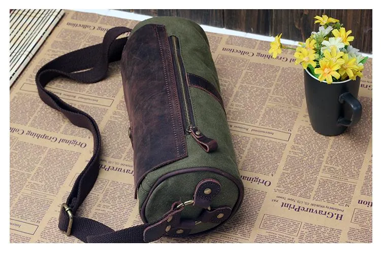 Gray Canvas Leather Mens Green Barrel Postman Bag Bucket Messenger Bag Side Bag For Men