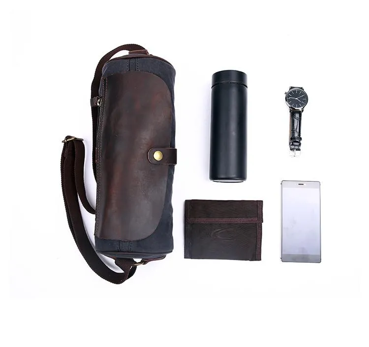 Gray Canvas Leather Mens Green Barrel Postman Bag Bucket Messenger Bag Side Bag For Men