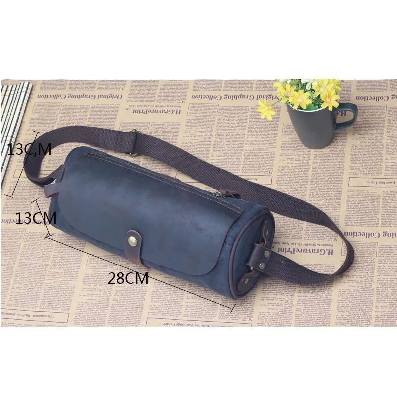 Gray Canvas Leather Mens Green Barrel Postman Bag Bucket Messenger Bag Side Bag For Men