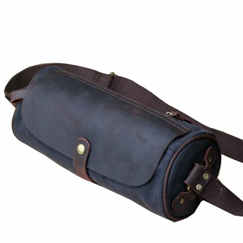 Gray Canvas Leather Mens Green Barrel Postman Bag Bucket Messenger Bag Side Bag For Men