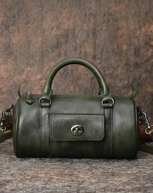 Green Leather Womens Barrel Handbag Handmade Barrel Handbag Crossbody Purse for Ladies
