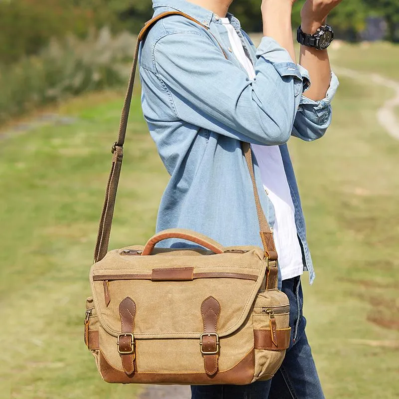 GREEN Waterproof CANVAS 14'' MENSCANON CAMERA SIDE BAG NIKON CAMERA SHOULDER BAG DSLR CAMERA MESSENGER BAG FOR MEN