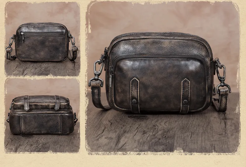 Grey Vintage Mens Leather Small Messenger Bag Side Bag Postman Bag Courier Bag for Men