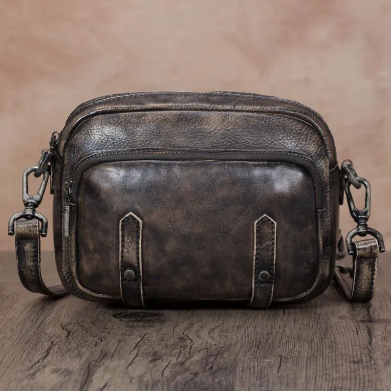 Grey Vintage Mens Leather Small Messenger Bag Side Bag Postman Bag Courier Bag for Men