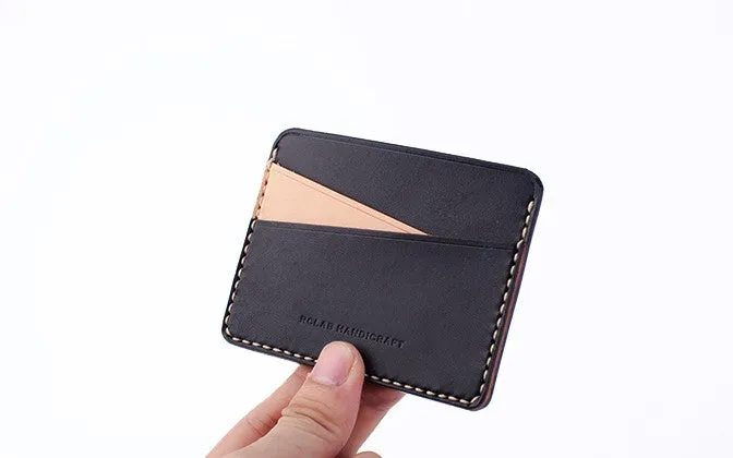 Handmade Beige Black Leather Women Men Small Card Holder Card Wallet for Men Women