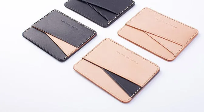 Handmade Beige Black Leather Women Men Small Card Holder Card Wallet for Men Women
