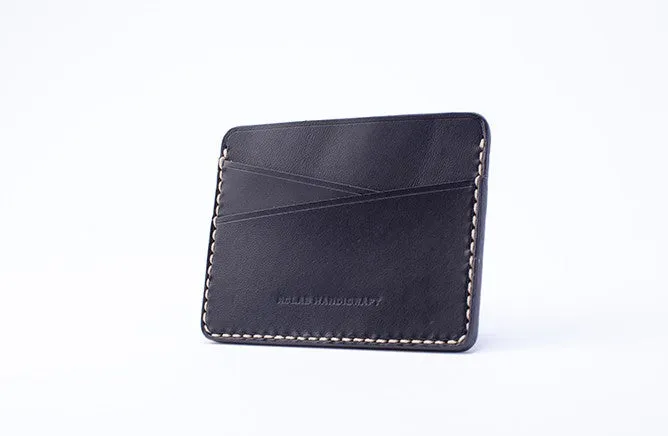 Handmade Beige Black Leather Women Men Small Card Holder Card Wallet for Men Women