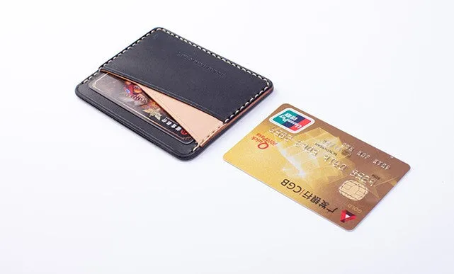 Handmade Beige Black Leather Women Men Small Card Holder Card Wallet for Men Women