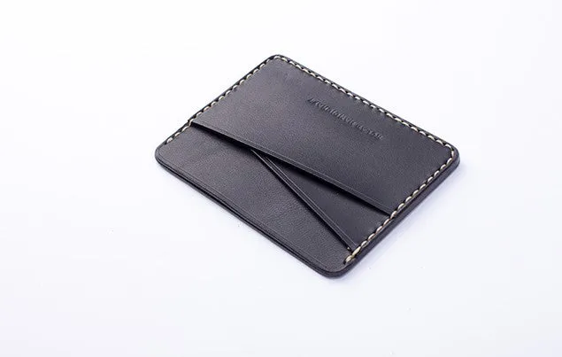 Handmade Beige Black Leather Women Men Small Card Holder Card Wallet for Men Women