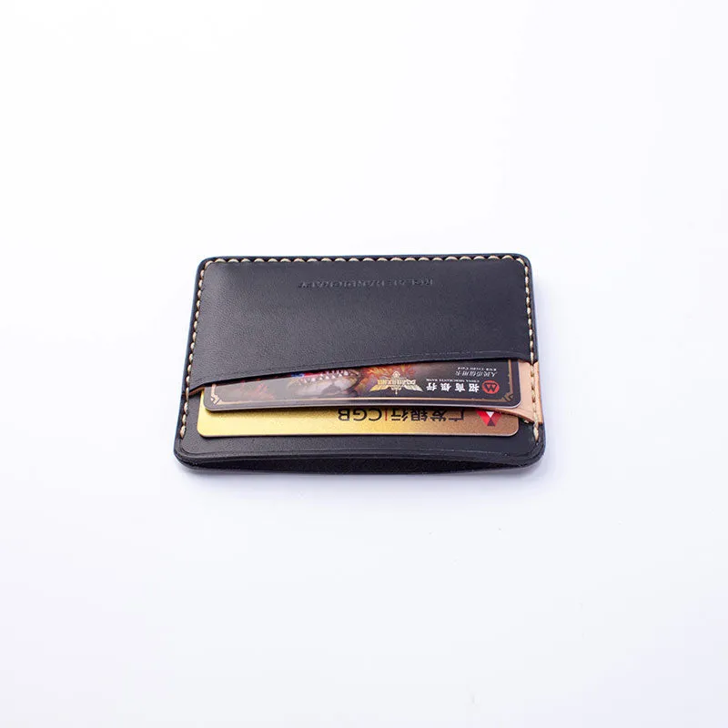 Handmade Beige Black Leather Women Men Small Card Holder Card Wallet for Men Women