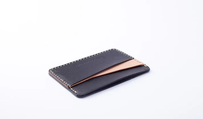 Handmade Beige Black Leather Women Men Small Card Holder Card Wallet for Men Women
