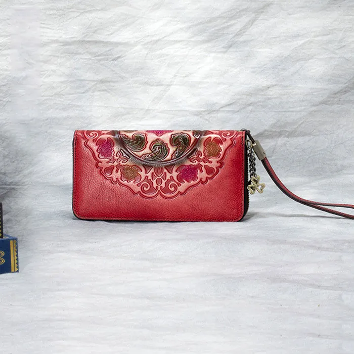 Handmade Floral Brown Leather Wristlet Wallet Womens Zip Around Wallets Floral Cards Ladies Zipper Clutch Wallet for Women