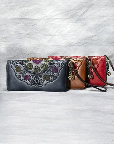 Handmade Floral Gray Leather Wristlet Wallet Womens Zip Around Wallets Floral Cards Ladies Zipper Clutch Wallet for Women