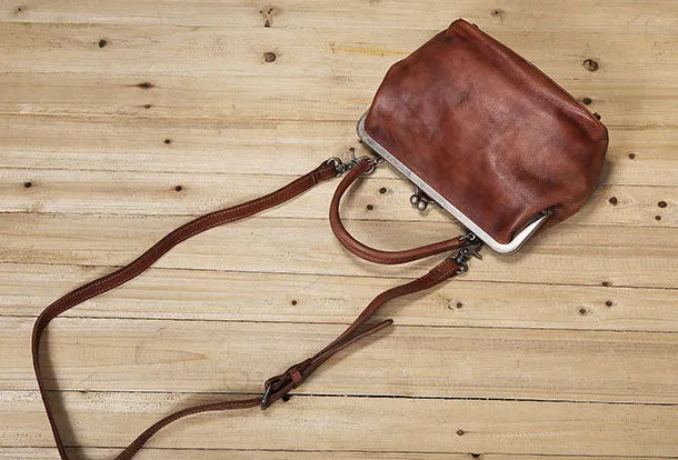 Handmade Genuine Bag Vintage Frame Leather Handbag Shoulder Bag Crossbody Bag Women Leather Purse