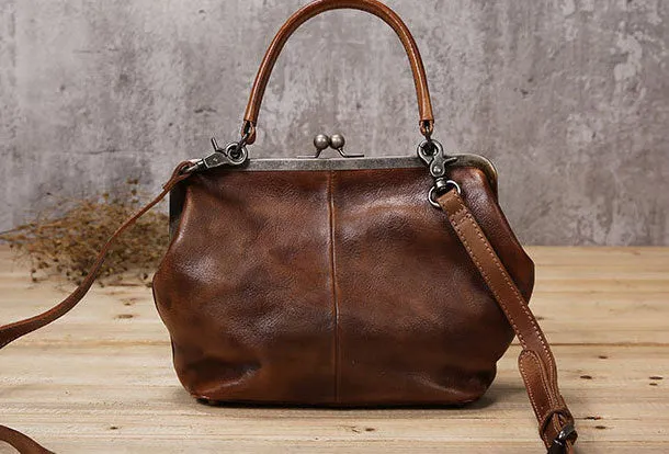 Handmade Genuine Bag Vintage Frame Leather Handbag Shoulder Bag Crossbody Bag Women Leather Purse