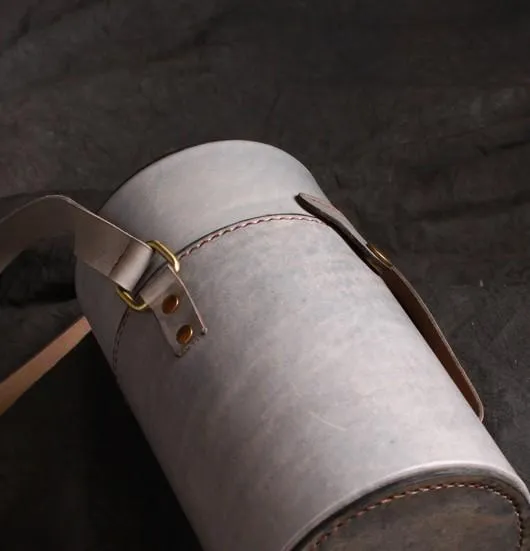 Handmade Gray Leather Mens Barrel Bag Shoulder Bag Messenger Bag for Men