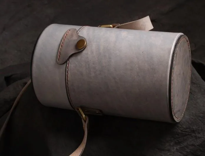 Handmade Gray Leather Mens Barrel Bag Shoulder Bag Messenger Bag for Men