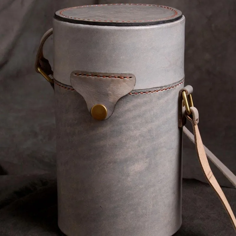 Handmade Gray Leather Mens Barrel Bag Shoulder Bag Messenger Bag for Men