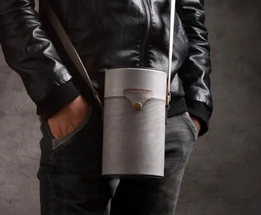 Handmade Gray Leather Mens Barrel Bag Shoulder Bag Messenger Bag for Men