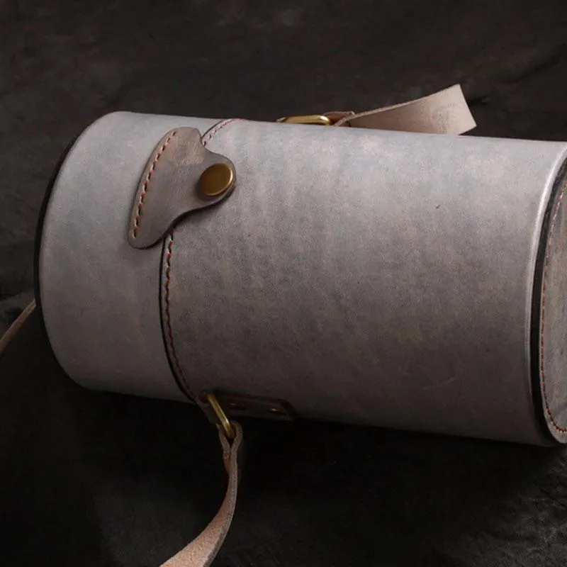 Handmade Gray Leather Mens Barrel Bag Shoulder Bag Messenger Bag for Men