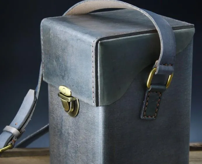 Handmade Gray Leather Mens Small Box Bag Shoulder Bag Messenger Bag for Men